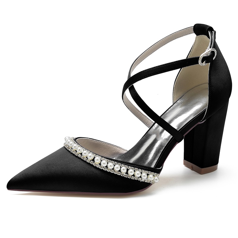 Point Toe Chunky Heel Silk Like Satin Wedding Shoes