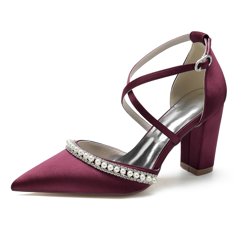 Point Toe Chunky Heel Silk Like Satin Wedding Shoes