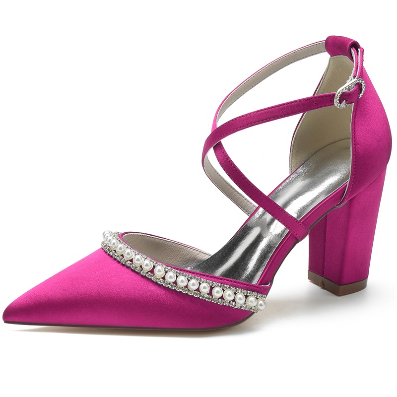 Point Toe Chunky Heel Silk Like Satin Wedding Shoes