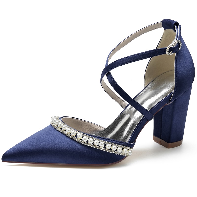 Point Toe Chunky Heel Silk Like Satin Wedding Shoes