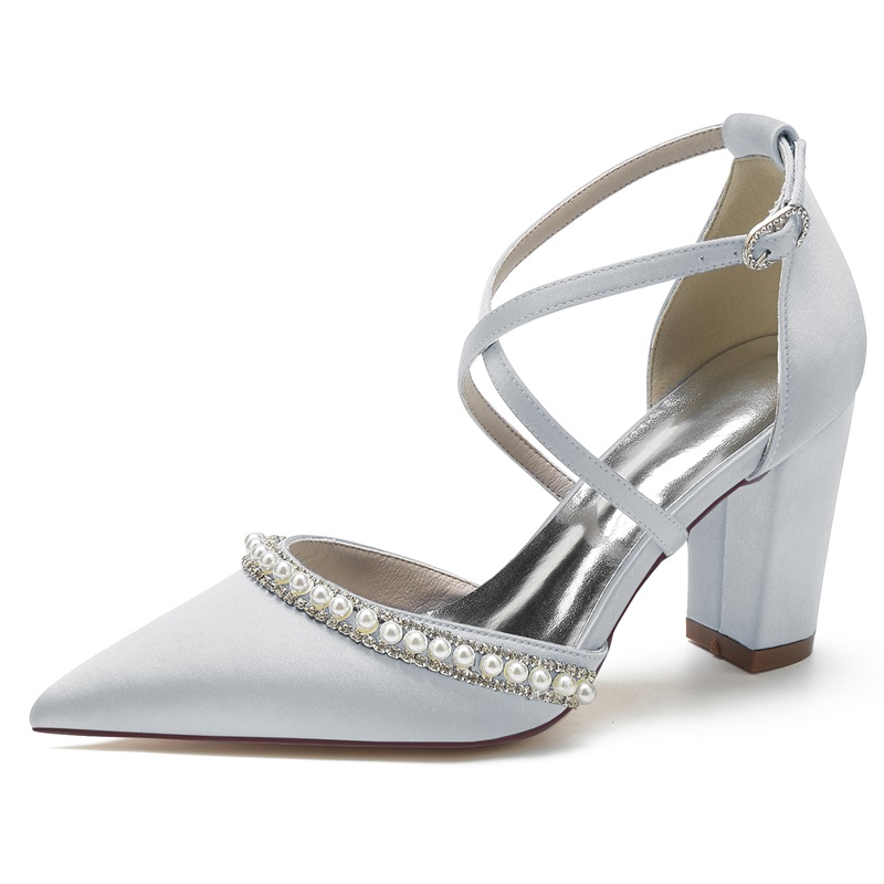 Point Toe Chunky Heel Silk Like Satin Wedding Shoes