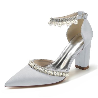 Pearl Embellished Ankle Strap Heel Silk Like Satin Wedding Shoes