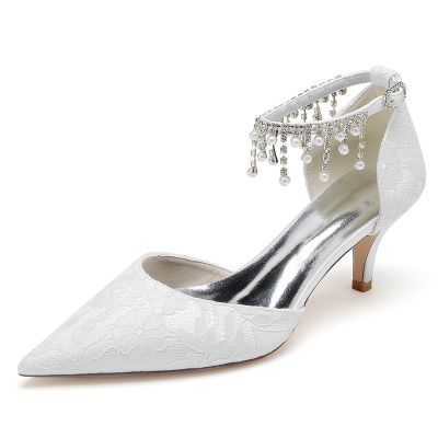 Pearl Embellished Ankle Strap Heel Lace Wedding Shoes