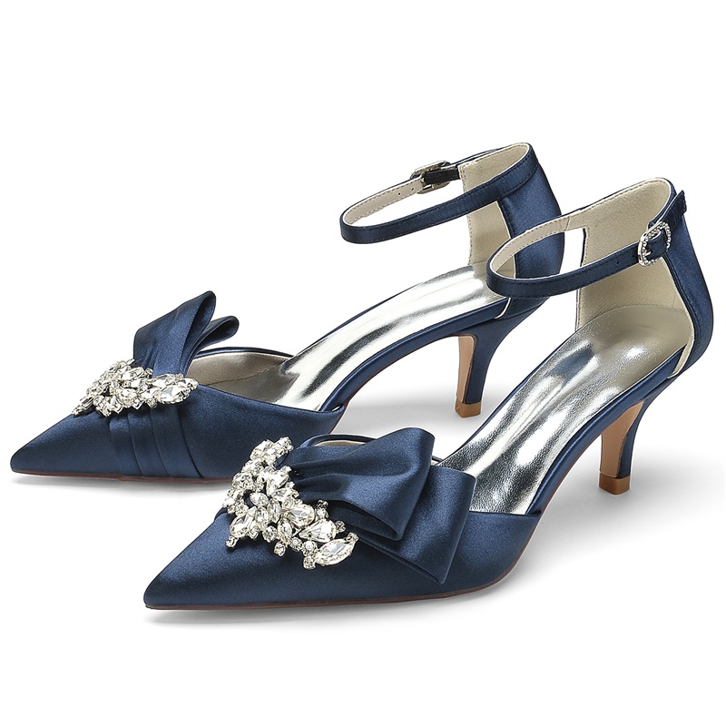 Point Toe Ankle Strap Heel Silk Like Satin Wedding Shoes With Rhinestone