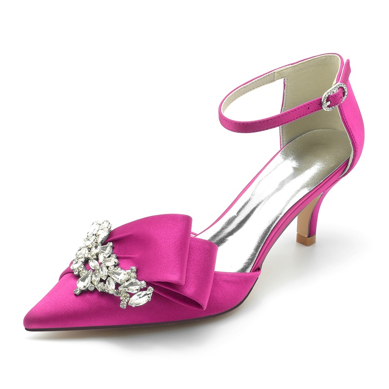 Point Toe Ankle Strap Heel Silk Like Satin Wedding Shoes With Rhinestone