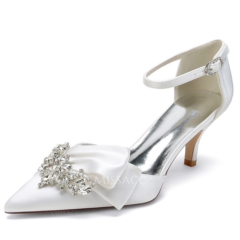 Point Toe Ankle Strap Heel Silk Like Satin Wedding Shoes With Rhinestone