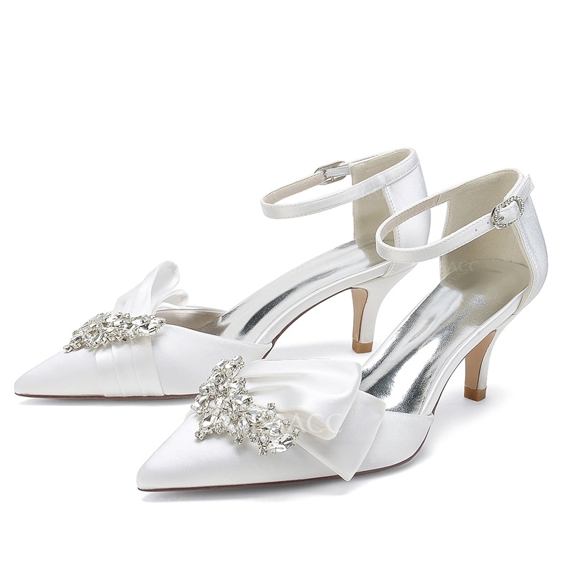 Point Toe Ankle Strap Heel Silk Like Satin Wedding Shoes With Rhinestone