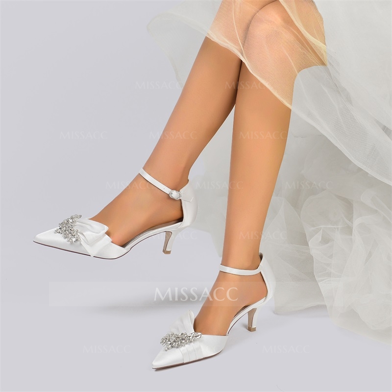 Point Toe Ankle Strap Heel Silk Like Satin Wedding Shoes With Rhinestone