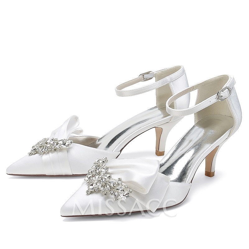 Point Toe Ankle Strap Heel Silk Like Satin Wedding Shoes With Rhinestone