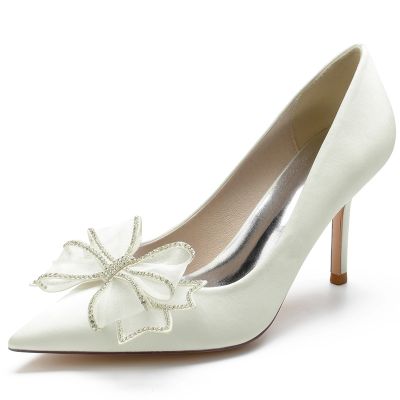 Point Toe Stiletto Heel Silk Like Satin Wedding Shoes With Bowknot