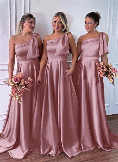 One-Shoulder A-Line Satin Bridesmaid Dresses With Pockets