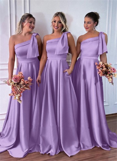 One-Shoulder A-Line Satin Bridesmaid Dresses With Pockets