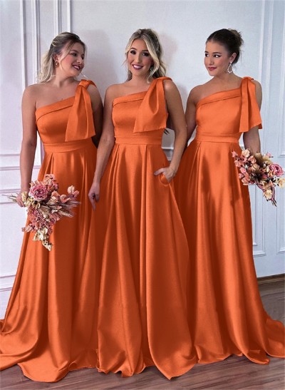 One-Shoulder A-Line Satin Bridesmaid Dresses With Pockets