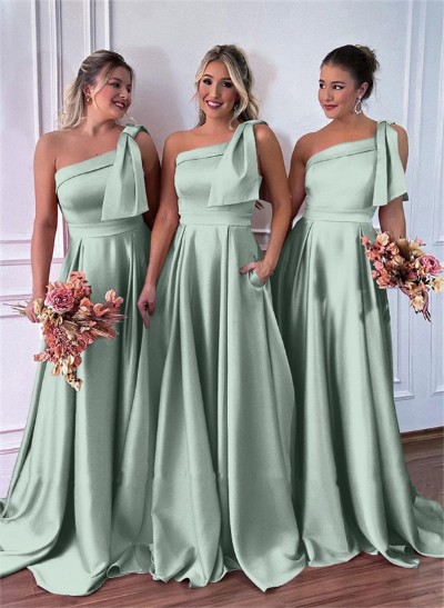 One-Shoulder A-Line Satin Bridesmaid Dresses With Pockets