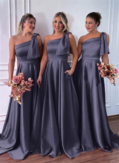 One-Shoulder A-Line Satin Bridesmaid Dresses With Pockets