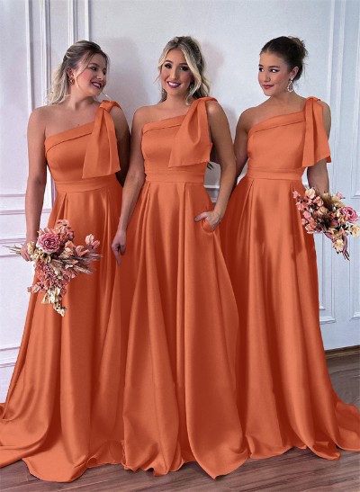 One-Shoulder A-Line Satin Bridesmaid Dresses With Pockets