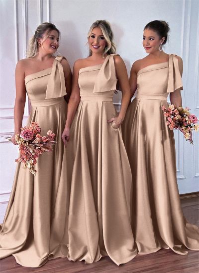 One-Shoulder A-Line Satin Bridesmaid Dresses With Pockets