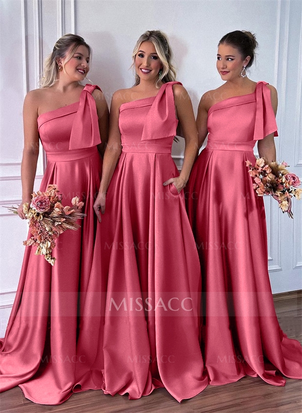 One-Shoulder A-Line Satin Bridesmaid Dresses With Pockets