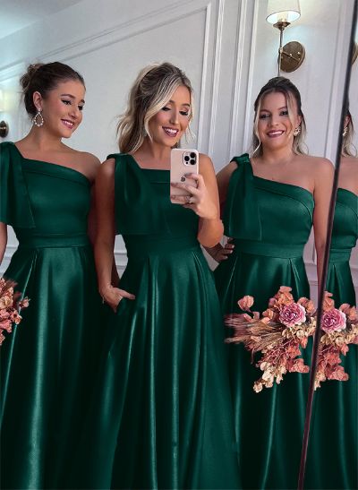 One-Shoulder A-Line Satin Bridesmaid Dresses With Pockets