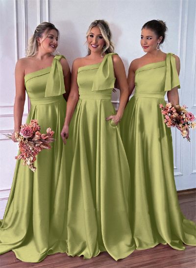 One-Shoulder A-Line Satin Bridesmaid Dresses With Pockets One-Shoulder A-Line Satin Bridesmaid Dresses With Pockets