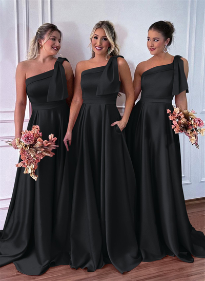 One-Shoulder A-Line Satin Bridesmaid Dresses With Pockets