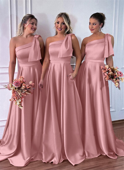 One-Shoulder A-Line Satin Bridesmaid Dresses With Pockets
