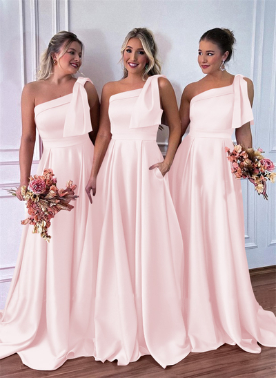 One-Shoulder A-Line Satin Bridesmaid Dresses With Pockets