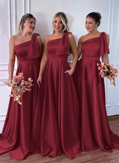 One-Shoulder A-Line Satin Bridesmaid Dresses With Pockets