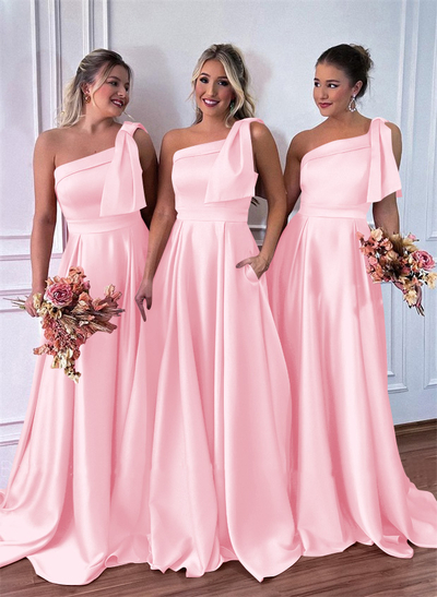 One-Shoulder A-Line Satin Bridesmaid Dresses With Pockets