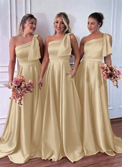 One-Shoulder A-Line Satin Bridesmaid Dresses With Pockets