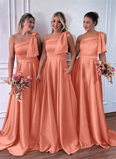 One-Shoulder A-Line Satin Bridesmaid Dresses With Pockets