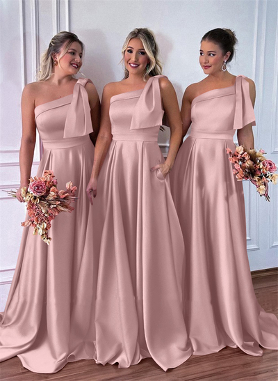 One-Shoulder A-Line Satin Bridesmaid Dresses With Pockets