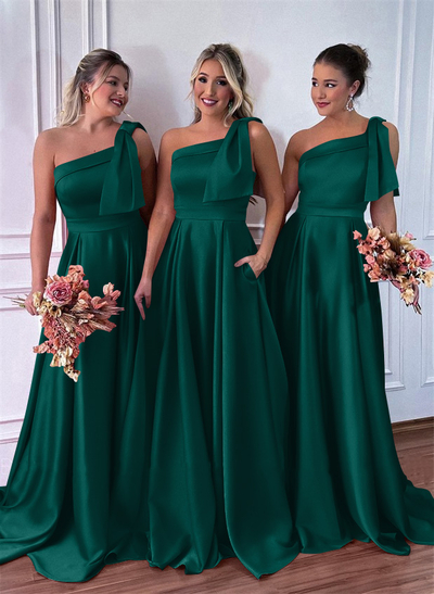 One-Shoulder A-Line Satin Bridesmaid Dresses With Pockets