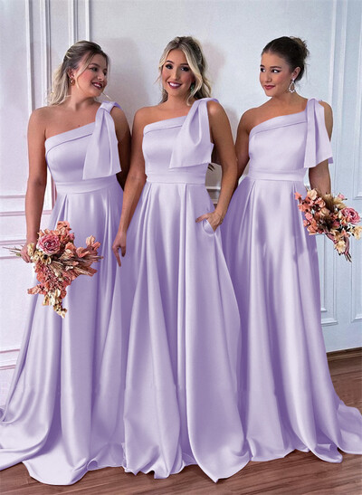 One-Shoulder A-Line Satin Bridesmaid Dresses With Pockets