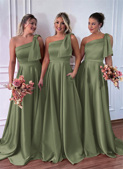 One-Shoulder A-Line Satin Bridesmaid Dresses With Pockets