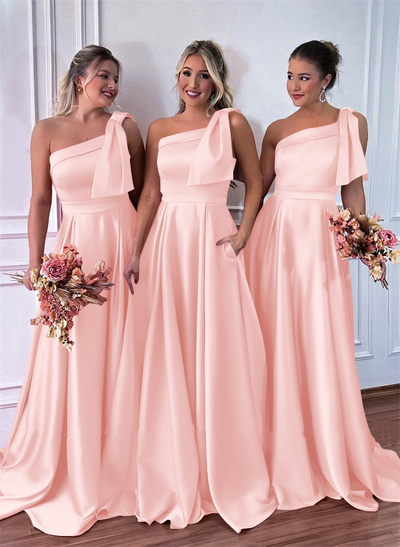 One-Shoulder A-Line Satin Bridesmaid Dresses With Pockets
