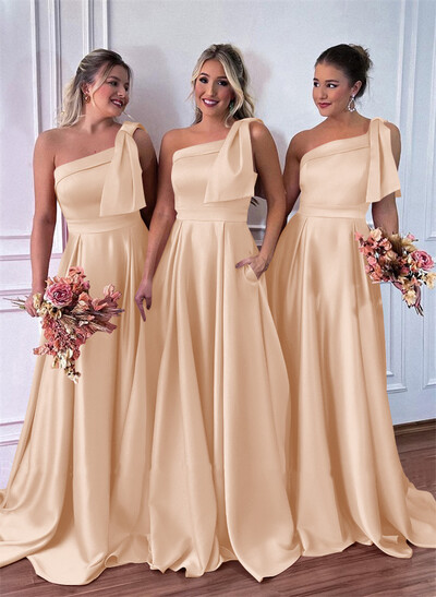 One-Shoulder A-Line Satin Bridesmaid Dresses With Pockets
