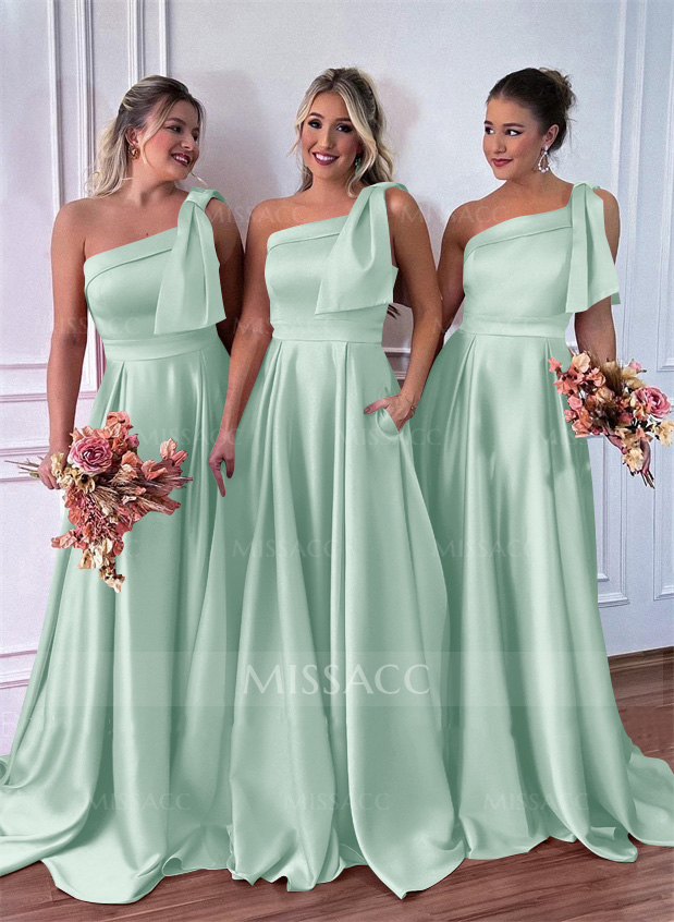 One-Shoulder A-Line Satin Bridesmaid Dresses With Pockets