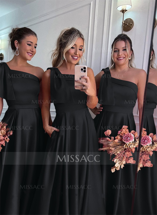 One-Shoulder A-Line Satin Bridesmaid Dresses With Pockets
