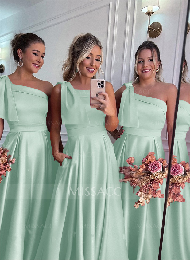 One-Shoulder A-Line Satin Bridesmaid Dresses With Pockets