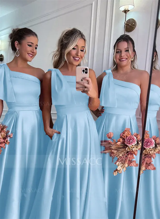 Missacc Home Try-on Sky Blue Bridesmaid One-Shoulder A-Line Satin Bridesmaid Dresses With Pockets