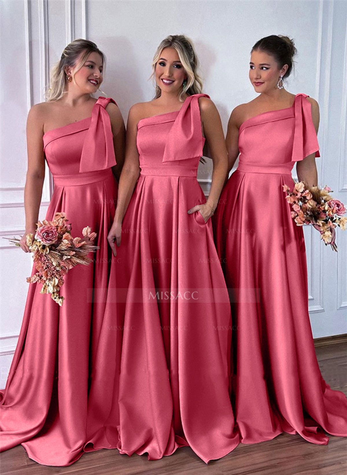 One-Shoulder A-Line Satin Bridesmaid Dresses With Pockets