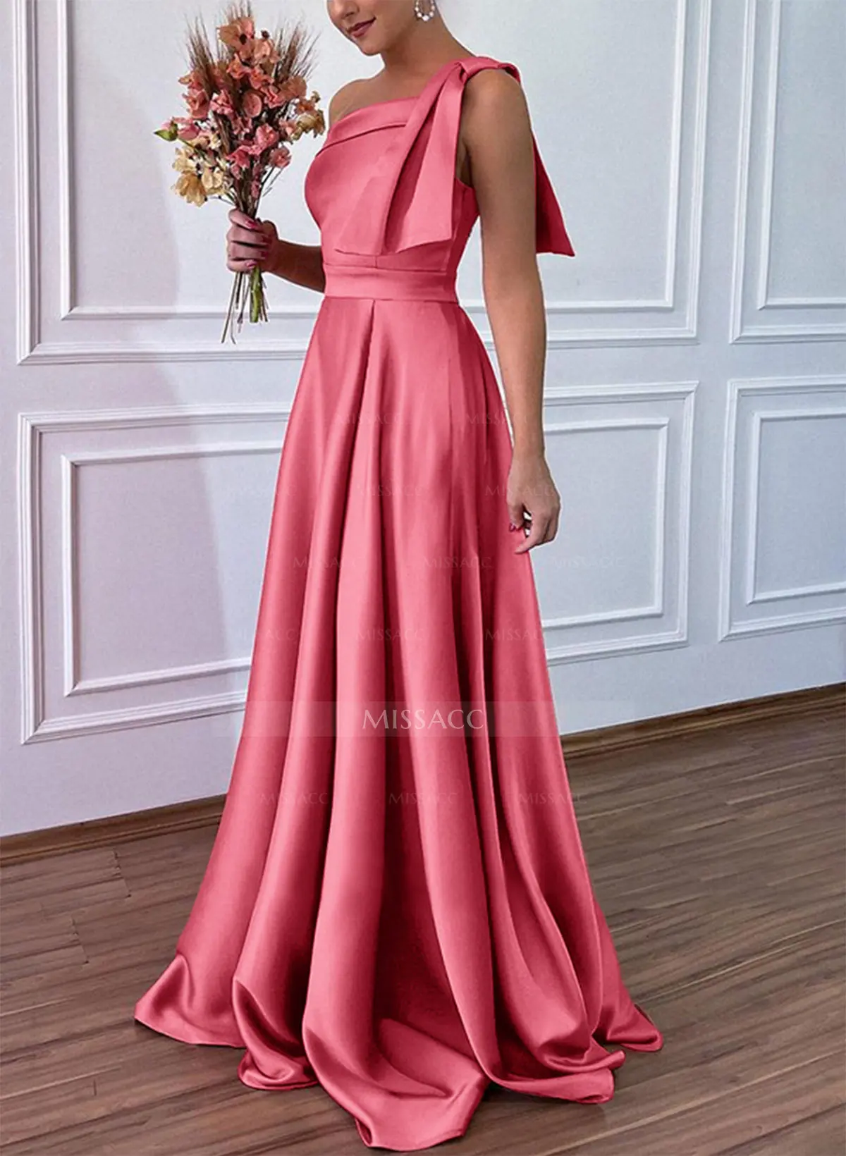 One-Shoulder A-Line Satin Bridesmaid Dresses With Pockets - Missacc
