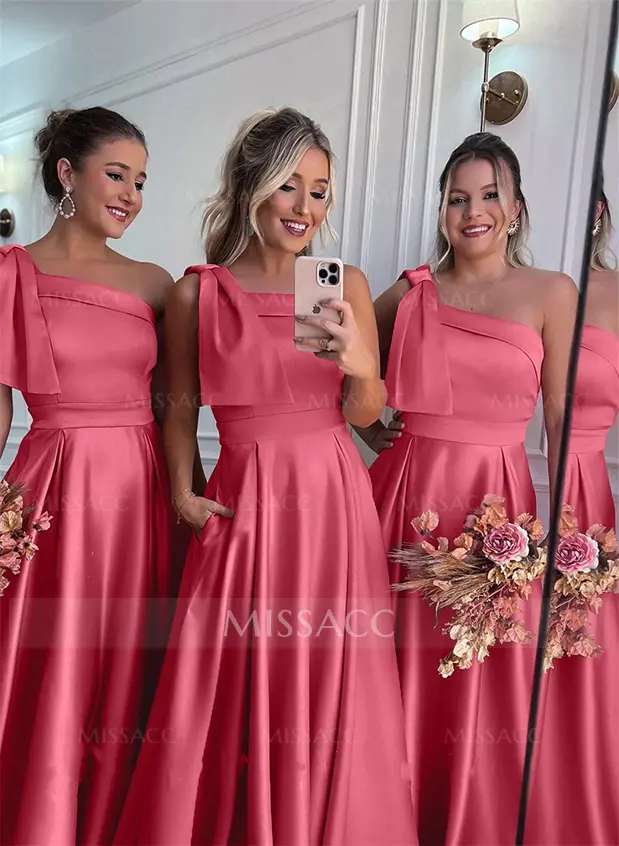 One-Shoulder A-Line Satin Bridesmaid Dresses With Pockets - Missacc