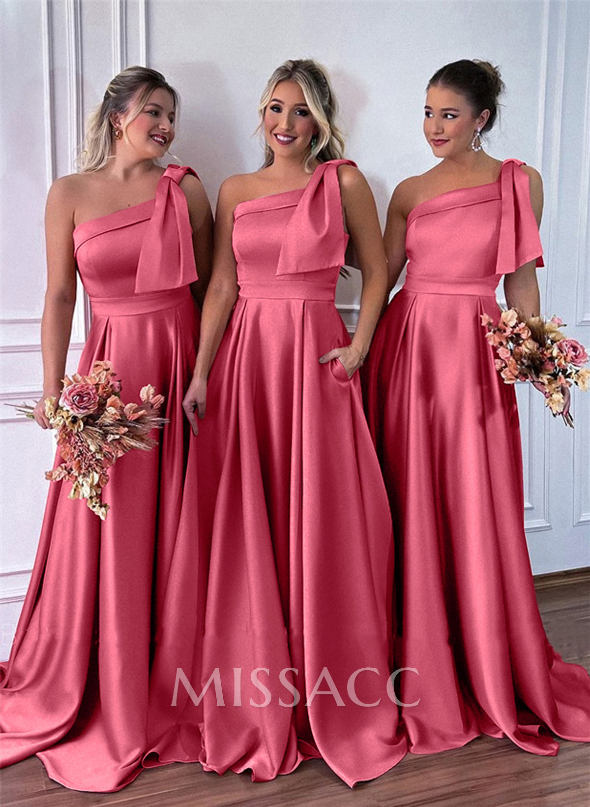 One-Shoulder A-Line Satin Bridesmaid Dresses With Pockets One-Shoulder A-Line Satin Bridesmaid Dresses With Pockets