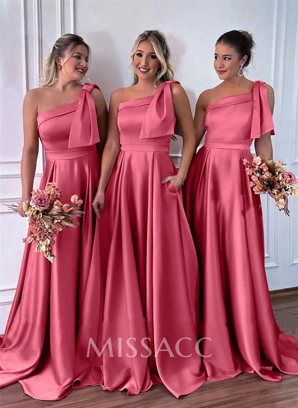 ERADIE Shoulder Ribbon Satin 美品 One-Shoulder A-Line Satin Bridesmaid Dresses With Pockets - Missacc