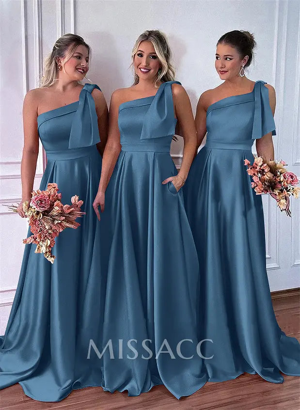 One-Shoulder A-Line Satin Bridesmaid Dresses With Pockets - Missacc