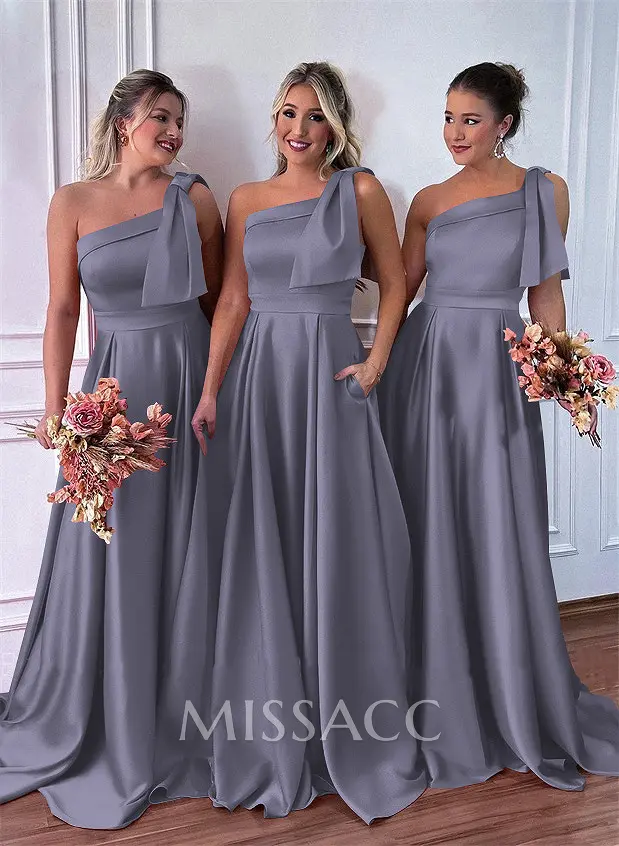 One-Shoulder A-Line Satin Bridesmaid Dresses With Pockets - Missacc