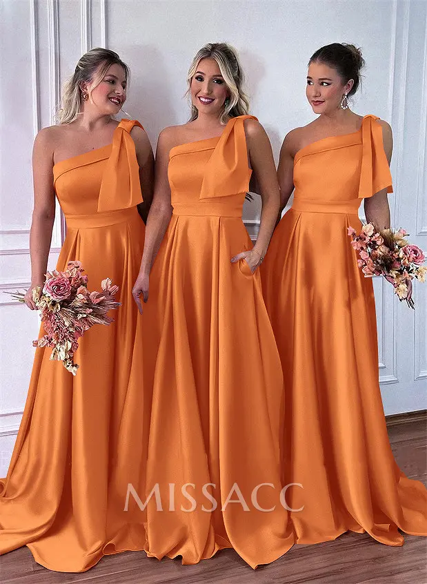 One-Shoulder A-Line Satin Bridesmaid Dresses With Pockets - Missacc