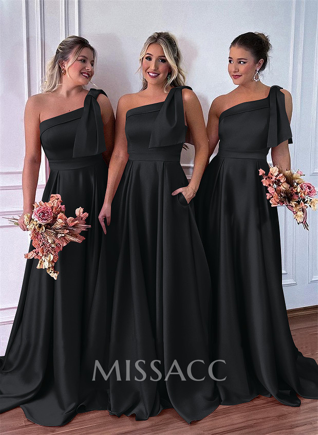 One-Shoulder A-Line Satin Bridesmaid Dresses With Pockets